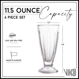 Vikko Milkshake Glasses, Set of 6 Footed Ice Cream Cups, 11.5 Ounce Milkshake Cups, Thick and Durable Dessert Cups Glass, Ice Cream Bowls, Sundae Glasses