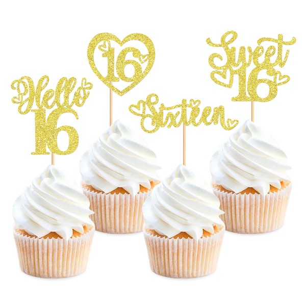 Ercadio - Paquete de 24 adornos para cupcakes (16 unidades, 16 adornos para cupcakes, 16 unidades, 16 adornos para tartas de feliz cumpleaños para fiesta de cumpleaños número 16
