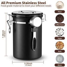 Esilihom Airtight Coffee Bean Storage, 1800ML Coffee Container, Stainless Steel Coffee Canister with Measuring Scoop, Date Tracker & 6 CO2 valve, Black