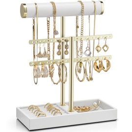 Vlando 2 Tier Necklace Holder Organizer with Tray, Leather Bracelet Holder Display for Women, Gold Jewelry Holder Stand for Bracelet, Necklace, Earrings, Rings - White