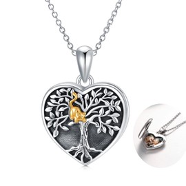 LONAGO Tree of life Photo Locket Necklace That Holds Picture 925 Sterling Silver Cute Cat Locket Pendant Necklace for Women (Locket)