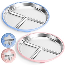 Yoshiky Stainless Steel Kids Plates (2 Pack) 9 Inch Toddler Divided Plates Bowls with ﻿Removable Silicone Sleeves & 5 Suction Cups Baby Self Feeding, Dishwasher Safe