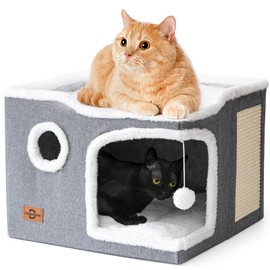 Heerduos Cat Bed for Indoor Cats,Covered Cat Cave House & Furniture with Scratch Pad,Foldable Cat Hideaway Hut Cute Cat Condo with Soft Washable Mat for Multi Small Pet Under 30 lbs,Dark Grey