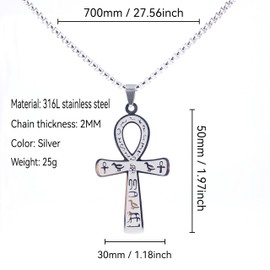 Joddfly Egyptian Ankh Cross Pendant Necklace, Stainless Steel, 28 Inch Chain, Silver, Standard size, Stainless Steel, No Gemstone