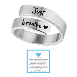 Just Breathe Ring for Women, Heart Adjustable Stainless Steel Spiral Wrap Engraved Rings Dainty Hope Healing Inspirational Motivational Gifts Jewelry, Stainless Steel, No Gemstone
