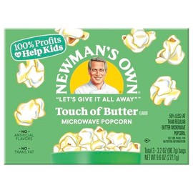 Newman's Own Microwave Popcorn - Touch of Butter | Kosher | Made with Whole Grain Popcorn | No Artificial Flavors | No Trans Fats | 3.2 oz Bag, 3 Bags Per Box (12 Boxes, 36 Bags Total)