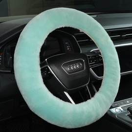 Fuzzy Wool Sheepskin car Steering Wheel Cover for Girls Women Men,Fluffy Soft Protector for Universal Steering Wheel 14 1/2-15 1/2inchs, Anti-Slip,Comforting Luxurious (Mint Green)