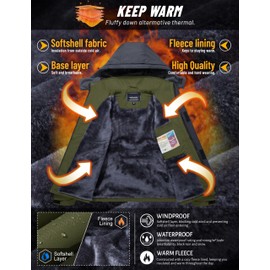 TACVASEN Mens Ski Jacket Water-Resistant Fleece Coats Snowboarding Jacket Outdoor Soft Shell Fleece Jackets with Hood Snowboard Tactical Jackets Green