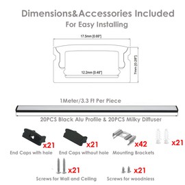 Besseto 20Pack 3.3Ft/1M Black LED Aluminum Channel,LED Strip Light Diffuser Aluminum Channel Profile Housing Track for Under Cabinet Counter and Stairs (Black-20Pack 3.3ft)