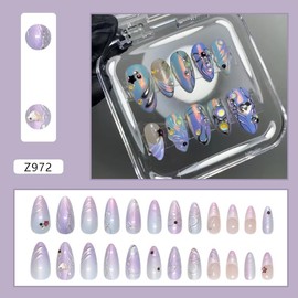 Mkwntg 24Pcs Purple Press on Nails Medium Almond Fake Nails with 3D Star Colorful Ripple Rhinestones Design Purple French Tip Glossy False Nails Heart Silver Bow Chrome Stick on Nails for Women Decor