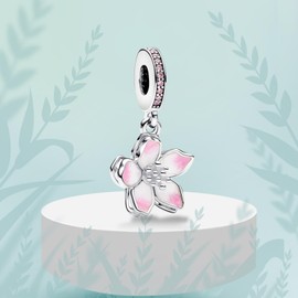 Doyafer Pink Cherry Blossom Sparkling Double-Layer Silver Pendant 925 Sterling Silver Charms fit Women's Bracelet Necklace Pendant Birthday Gift for Family Friends