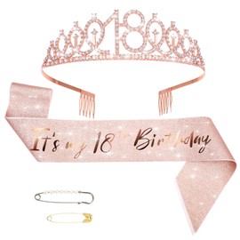 Styquenzer 18th Birthday Sash and Tiara, 18th Birthday Decorations Gifts for Girls Rhinestone Crown Kit (Rose Gold)