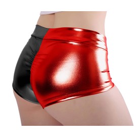 Kepblom Women's Shiny Metallic Rave Booty Shorts Hot Pants Dance Bottom, Red-black, Medium