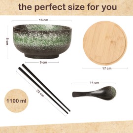 Cteaffee 38 OZ Large Ceramic Ramen Bowls Sets， Japanese ramen bowls, soup bowl, noodle bowls with Spoons and Chopsticks For Salad, Rice, Noodles, Microwave & Dishwasher Safe (Green Bowl set)