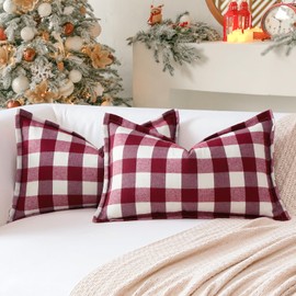 Sungeek Set of 2 Christmas Tartan Cushion Covers, Buffalo Plaid Decorative Cushion Covers, Decorative Cushion Cover, Checked Cushion Cover for Sofa, Bedroom, Living Room, 30 x 50 cm (Red + White)