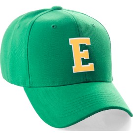 Classic Baseball Hat Custom A to Z Initial Team Letter, Green Cap White Gold Letter E