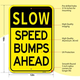 Speed Bumps Ahead Sign 2 Pack, Slow Down Sign, 18 x 12 Inchees Rust Free Aluminum Reflective Sign, UV Protected, Weatherproof, Easy Mounting, Outdoor Use