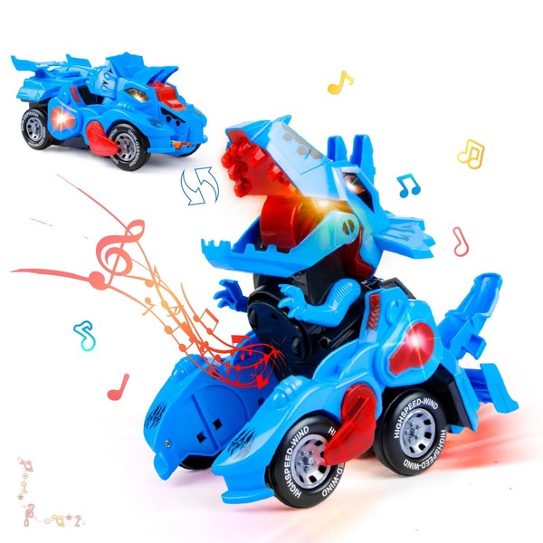 Kizeefun Dinosaur Transform Car - Automatic Transformer Toy, Electric Transformer Dino Car with LED Light, Music and Universal Wheel, Gift for Boys Children 3 4 5 6 7 Years