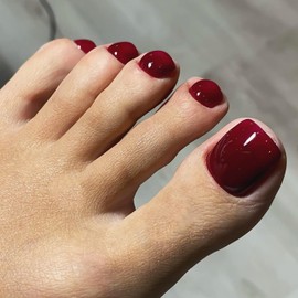 Bellelfin Press on Toenails 120pcs Short Square Fake Toenails Full Cover Burgundy Glossy Acrylic False Toe Nails Tips with 5 Sheets Adhesive Glue Tabs for Women and Girls Foot Decor