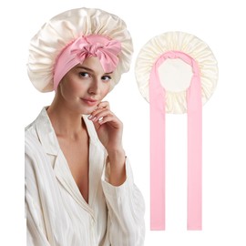 AWAYTR Mulberry Silk Bonnet for Sleeping - Silk Sleep Bonnet with Tie Band for Curly Hair Men and Women (Beige and Pink Tie Band)