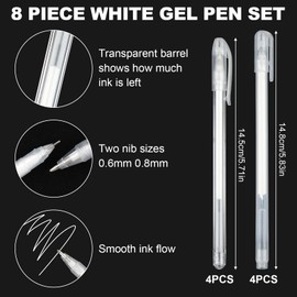 Pack of 8 White Gel Pens, White Gel Pen 0.6 mm 0.8 mm Tip, White Pen for Black Paper, Waterproof White Gel Pen for Scrappingbook, Guest Book, Wedding, Photo Album, Drawing, Art Design