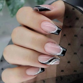 French Tip Press on Nails Short Coffin Fake Nails Black & White Swirl Glue on Nails Light Pink Translucent Acrylic Nails Silver Glitter Simple False Nails for Women 24 Pcs