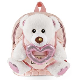 PERLETTI Teddy Bear Backpack for Children with Plush Toy Bear and Pink Heart - Cuddly Toy Plush Toy Soft Fluffy and Nursery School Bag - 3 4 5 6 Years Baby Children's Bag, Brown bear