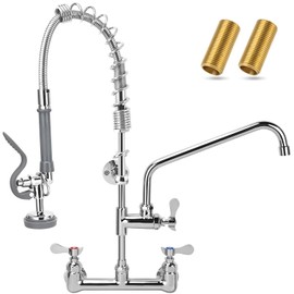 25" Height Commercial Faucet with Sprayer, Commercial Sink Faucet, 12 Inch Adjustable Center and 8" Add-on Swing Spout ，Wall Mount Kitchen Sink Faucet for Commercial Restaurant Industrial Kitchen.