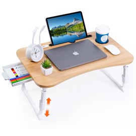 Laptop Desk for Bed, Height Adjustable Laptop Bed Table, Foldable Portable Lap Desk Stand with USB/Storage Drawer/Cup Holder/Slot, Breakfast Tray for Working Reading Writing Eating (Light Walnut)