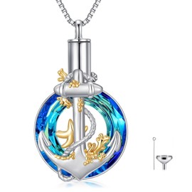 PROESS Sterling Silver Crystal Anchor Cremation Necklace - Nautical Anchor Ashes Pendant Memorial Jewelry Gifts for Women & Men