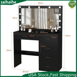 Yamissi LED Lights Vanity Dressing Table Makeup Desk w/ Large Hollywood Mirror 5 Drawers