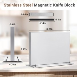 Kirumie Magnetic Knife Holder, Stainless Steel Magnetic Knife Block with Sharpener, Double Sided Strong Magnet Knife Storage for Kitchen Counter, Anti-movement Suction Cup Base