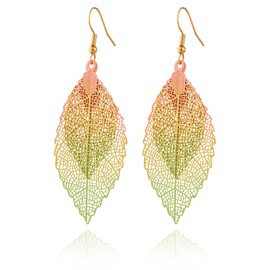 Selia Colourful Summer Trend Earrings in Leaf Look - Elegant Floral Hanging Boho Drop Earrings - Natural Colourful Hippie Beach Earrings for Women, Brass