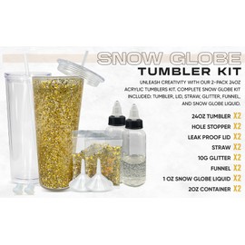 Snow Globe Tumbler Kit (2 pack): DYI complete craft kit includes 24oz Double Wall Tumbler w/ predrilled hole, Stopper, Lid, Straw, Funnel, Glitter, 2oz container w/ 1oz of Snowglobe liquid