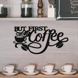 But First Coffee Sign, Black Metal Coffee Wall Art Decor, Hanging Coffee Bar Sign with Coffee Cup and Beans, 35x18cm Coffee Signs Kitchen Decoration for Home Coffee Station Shop Corner Accessories