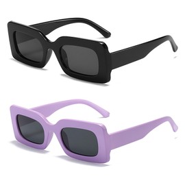 Rectangle Sunglasses for Women Men Fashion Square Frame Sunglasses Colorful Vacation Hiking glasses (Black+Purple)