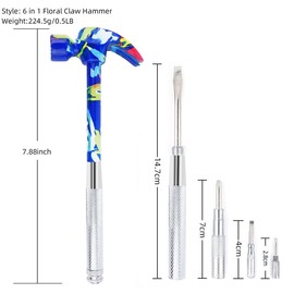 6 in 1 Multitool Hammer, All In One Screwdriver Hammer Tools Set with Screwdriver Anti-Slip Grip Handle Print Floral Hammer Screwdriver Tool Set Best Gift (Blue)