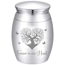 CREATCABIN Small Tree of Life Urn Forever in My Heart Urn Silver Metal Alloy Human Pet Memorial Butterfly Cremation Ashes Keepsake Holder Container with Bag Spoon Cloth for Funeral Burial 1.6" x 1.2"