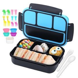 QQKO Bento Box for Kids Adults, School Toddler Lunch Box for Boys Girls, Lunch Box Containers with 4 Compartments, Sauce Container, Utensils, Food Picks and Muffin Cups for School, Black Blue