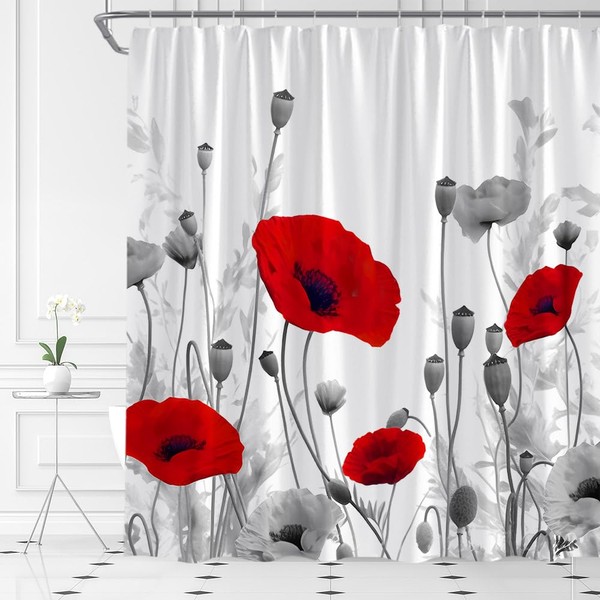 AYDSMYD Red Gray Floral Shower Curtain Elegance Black White Retro