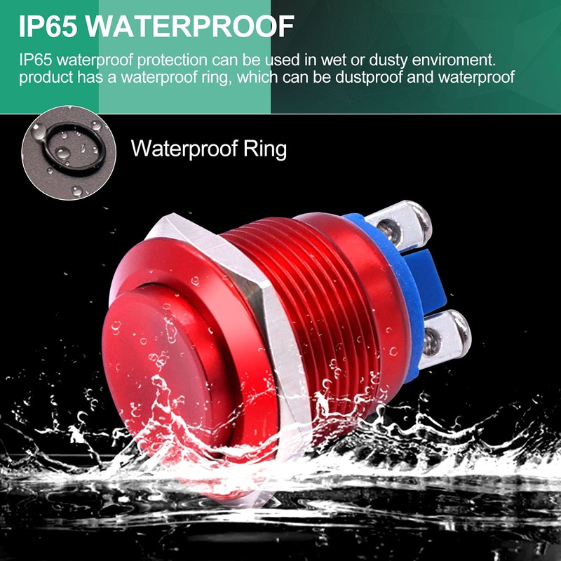 Twidec/19mm Push Button Waterproof Red Metal Shell Momentary Raised Top