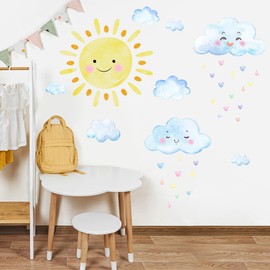 Grandes calcomanías de pared del sol, calcomanías de pared de nubes blancas de acuarela, decoración de habitación para niños y niñas, calcomanías de sol, calcomanías de pared removibles de sol y nubes