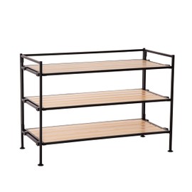 Seville Classics Sturdy Freestanding Storage Shelf for Bedroom, Closet, Entryway, Dorm Room Organizer, Stackable Metal 3-Tier 2" Resin Slat Shoe Rack, Light Oak