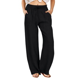 FireSwan Womens Palazzo Pants Casual Drawstring Flowy Pants Wide Leg Summer Beach Linen Trousers with Pockets Black