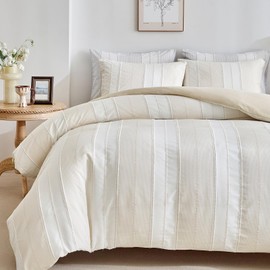 WARMDERN Khaki Striped Weave Duvet Cover Queen Size, White Knit Boho Duvet Cover Set, Microfiber Textured Bedding Set with Zipper Closure and Corner Ties (Khaki, Queen)