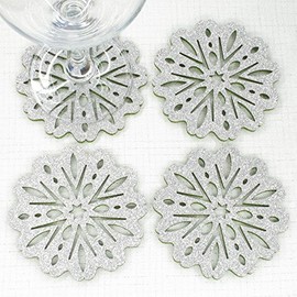 Floral Snowflakes Felt Coasters, Set of 4 (Silver/Green Reversible)