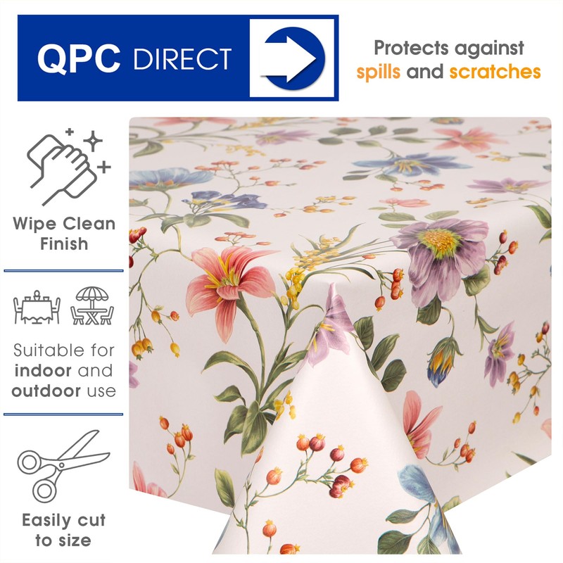QPC Direct Budding Flowers PVC Oilcloth Table Cover Vinyl Tablecloth