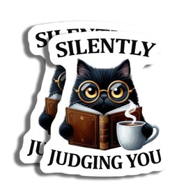2-Pack Cat Silently Judging You Stickers - Cute Cat Sticker - Funny Quote Sticker - Black Cat Stickers for Laptops - 5-Inch - PLDFS08428