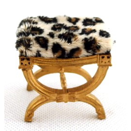 Melody Jane Dolls House Gold Painted Leopard Print Fur X Frame Stool Miniature JBM Furniture
