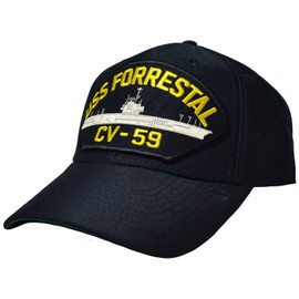 Artisan Owl USS Forrestal CV-59 Aircraft Carrier Patch Hat – Adjustable Embroidered Baseball Cap for Military Veterans, US Navy Ship Emblem, Comfortable Fit (Navy Blue)